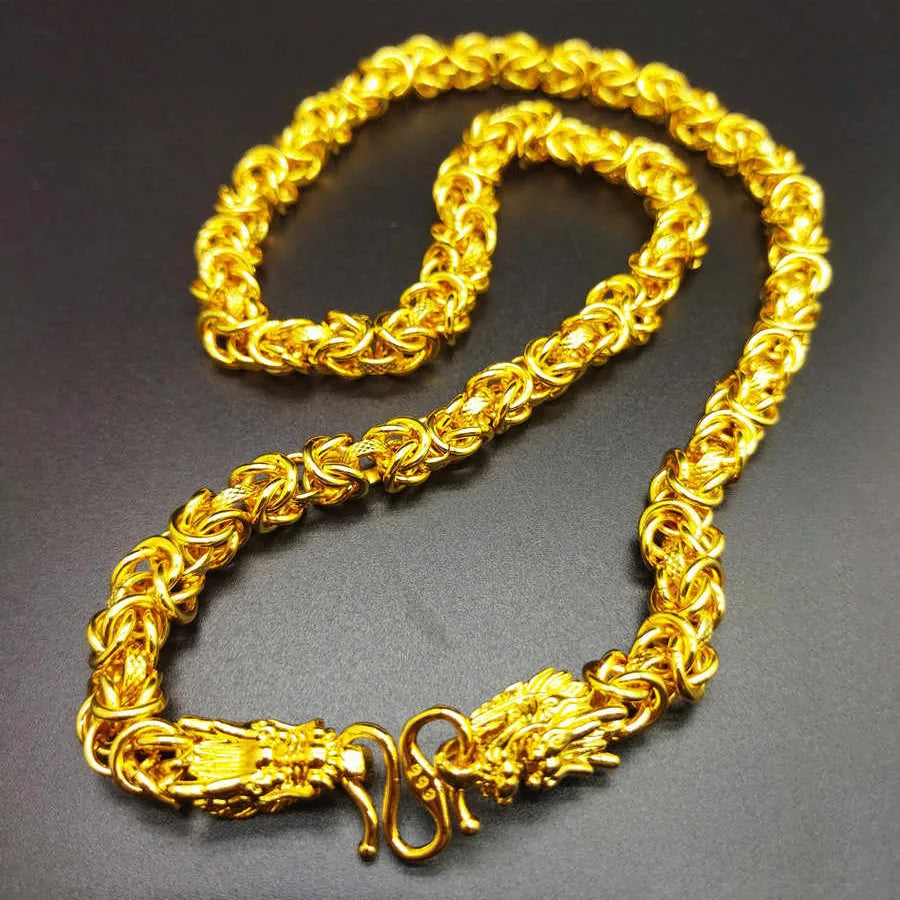 Unisex 24K AU999 Real Gold Boss Chain, Hollow 10MM 60CM Bold Keel Faucet Necklace, Polished Finish