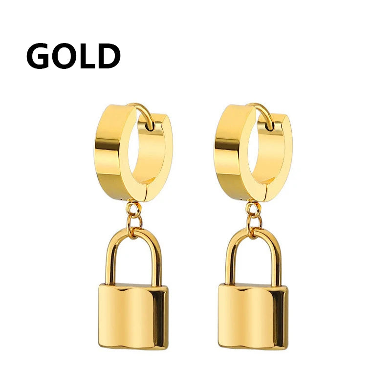 1 pair Fashion Simple Padlock Pendant Stainless steel lock Shaped Stud Earrings For Women Punk Hip Hop Style Ear