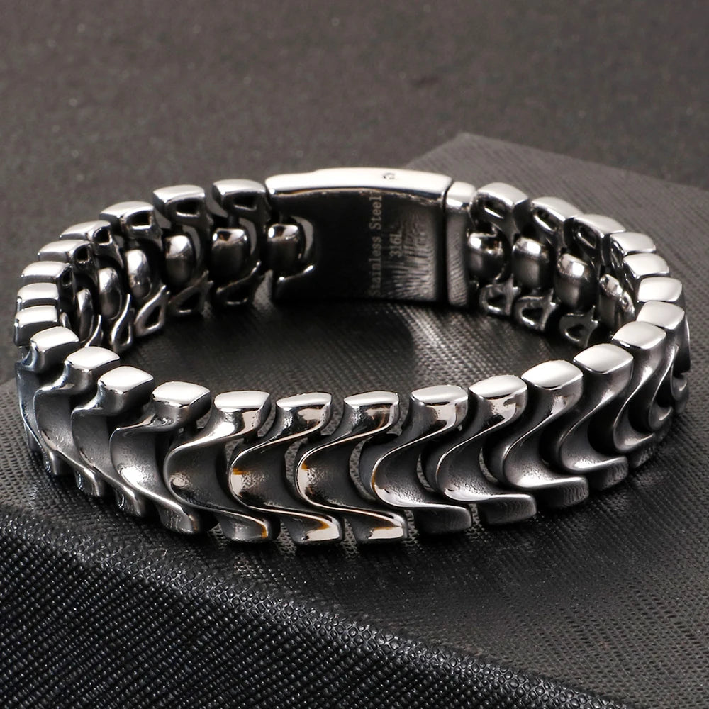 Vintage Matte Stainless Steel Men's Bracelet for Man Gothic Retro Chunky Keel Chain Bracelets Biker Jewelry Old Silver