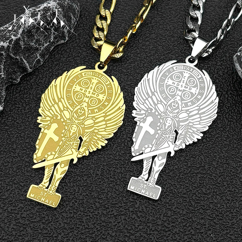 St. Michael Saint Benedict Cross Necklace — Stainless Steel