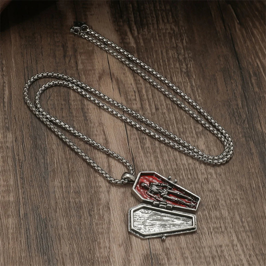 Punk Gothic Halloween Skeleton Coffin Shaped Pendant Necklace For Women Men Cross Skull Stainless Steel Chain Choker