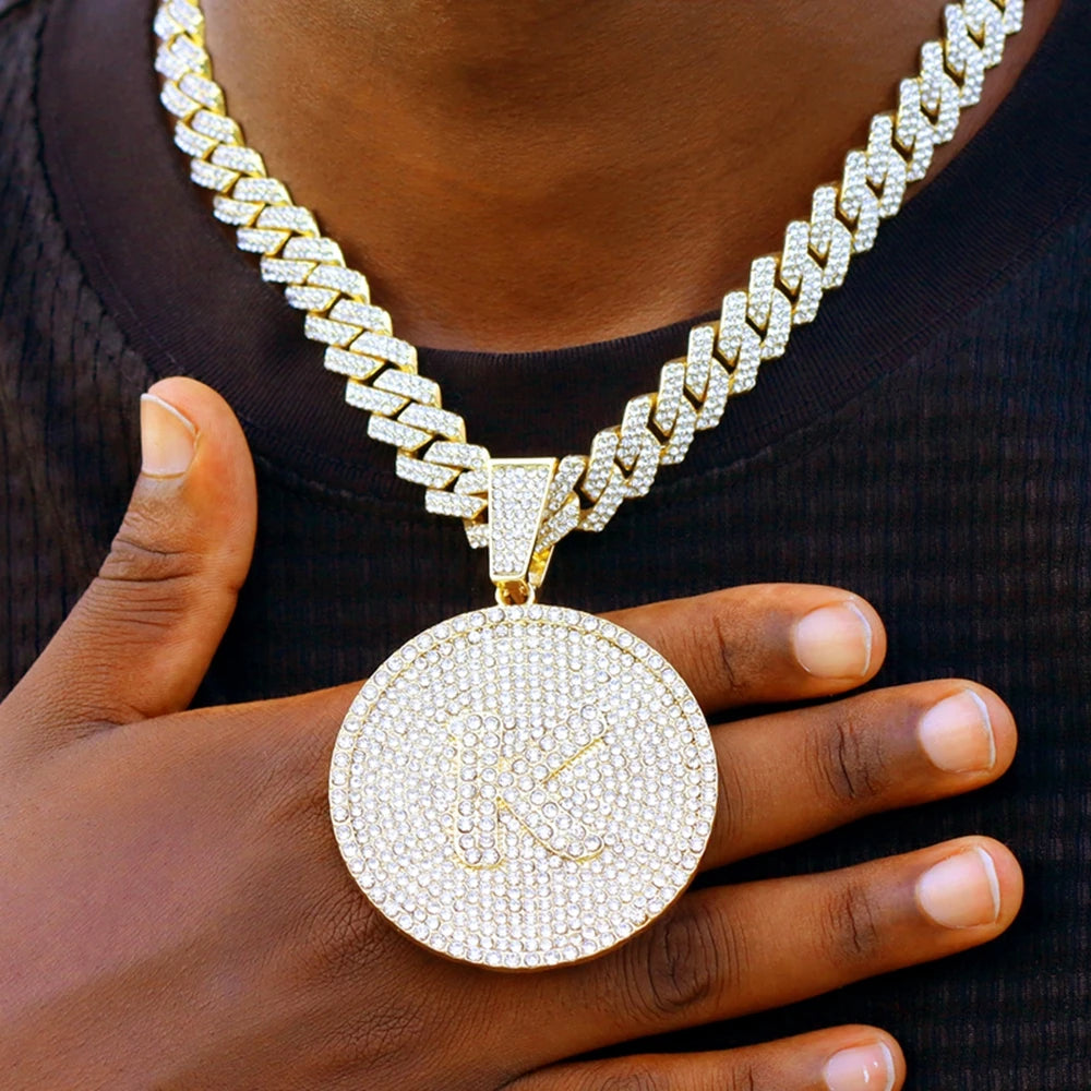 Men Initial Name Pendant Necklace with Hip Hop Iced Out Rhinestone Paved Cuban Link Chain Necklace Fashion Birthday