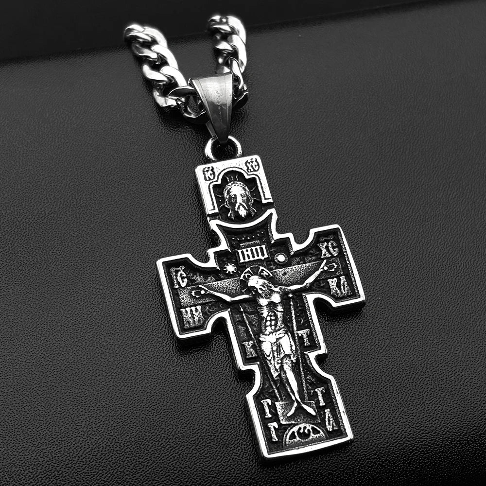 Vintage Cross Necklace — Orthodox Jesus Crucifix Icon