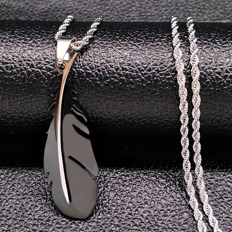Feather Pendant Rope Chain Necklace Long — Stainless Steel