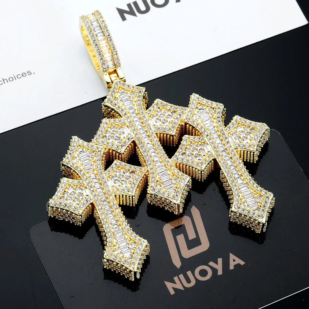 High Quality 3Inch Mens Hip Hop Cross Pendant New Release Iced out Triple Cross with Stone Charm Necklace Made Brass
