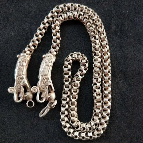 Chinese Dragon Head Pendant Necklace — Vintage Silver-Tone