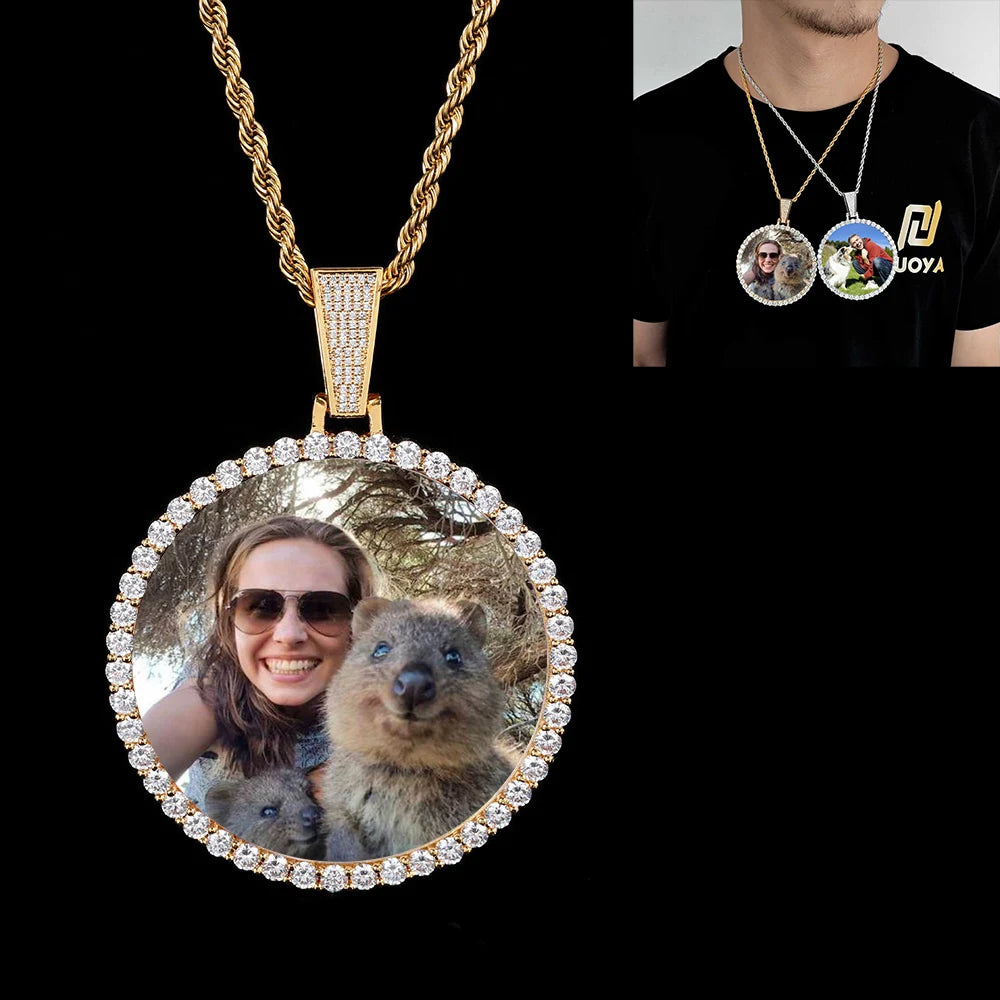 ESKEEM Big Circle Photo Medallions Chain Pendant Iced Out Men Hip Hop Memory Picture Pendant Jewelry Christmas Gift