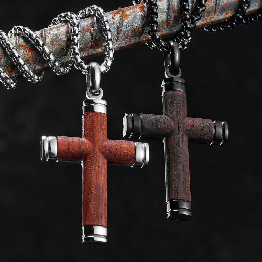 Wood Cross Pendant Necklace — Stainless Steel