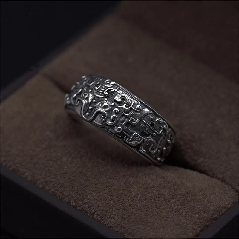 Retro Taotie Chinese Mythology Ring For Men Silver Color Punk Gothic Adjustable Ring Unisex Jewelry Accessories Gift