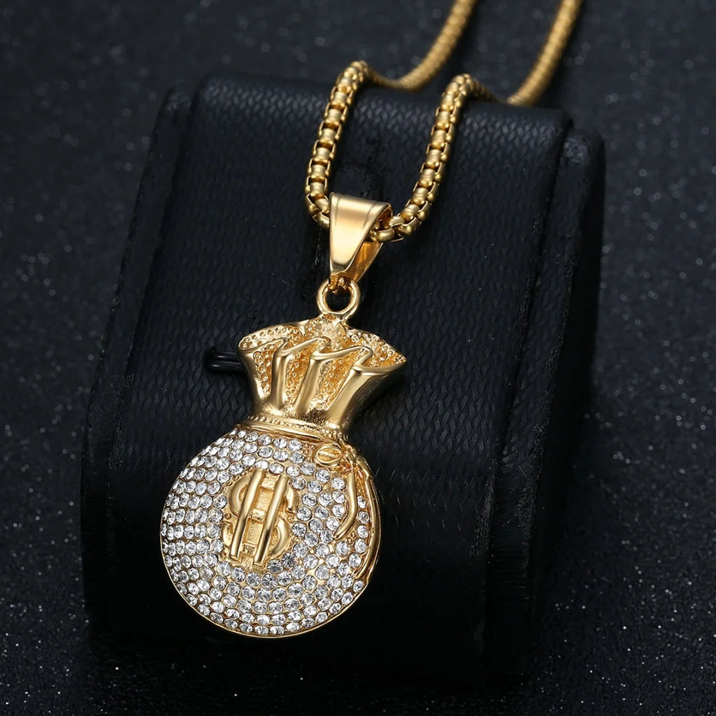Hip Hop Moneybag Dollar Signs Iced Out Bling CZ Pendant Men Gold Silver Color Stainless Steel Wealth Necklace for Women Jewelry