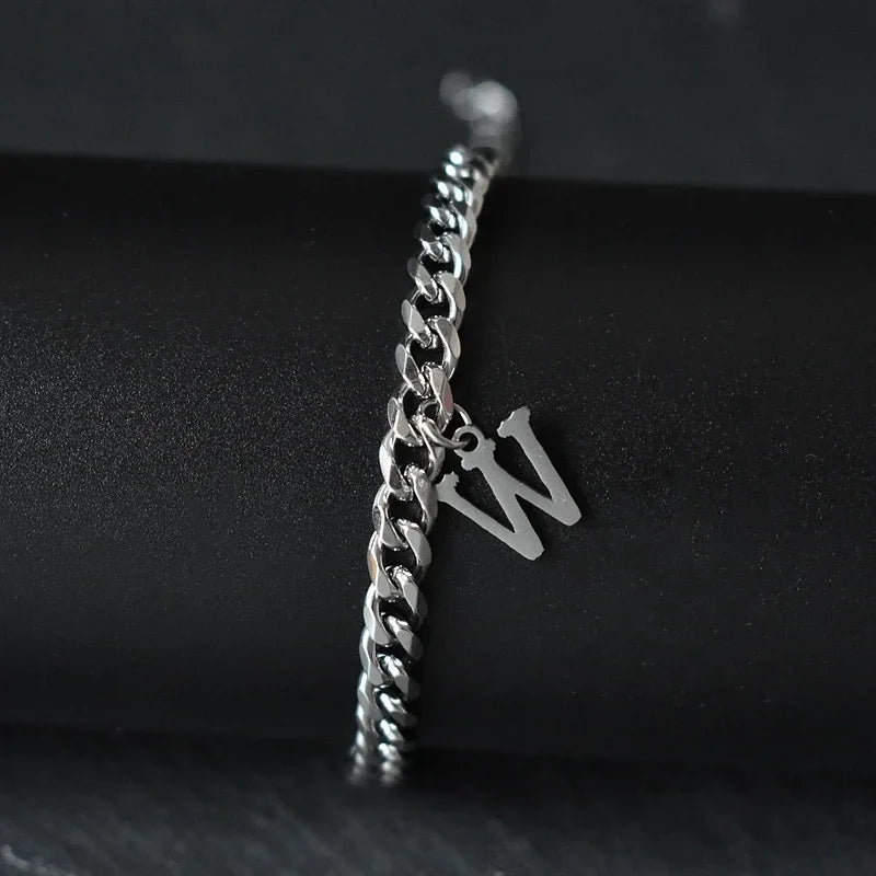A-Z Initial Letter Cuban Chain Bracelet — Stainless Steel