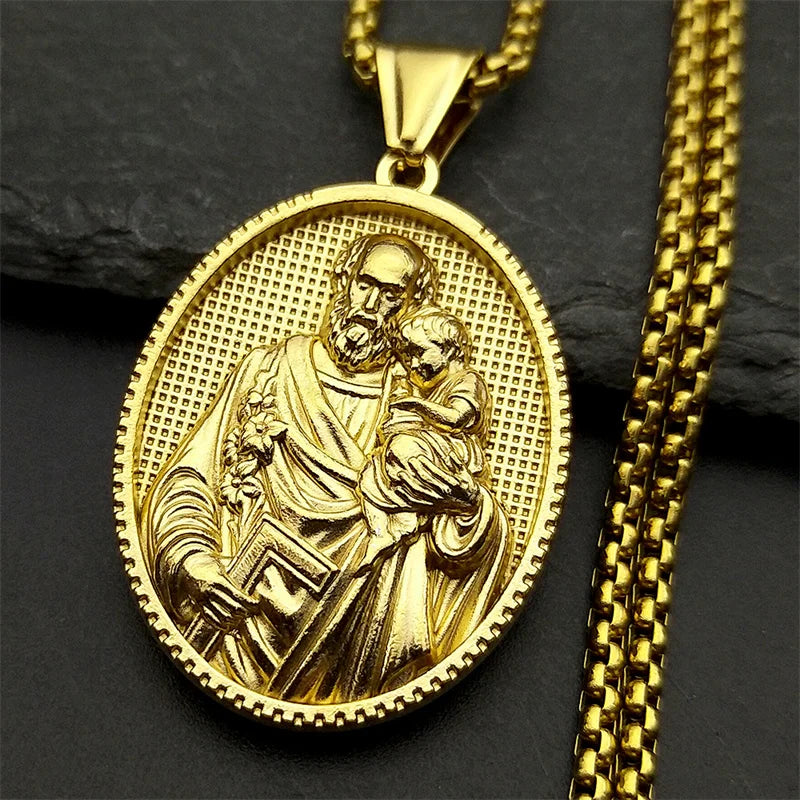Saint Joseph Baby Jesus Medal Pendant Necklace — Stainless Steel