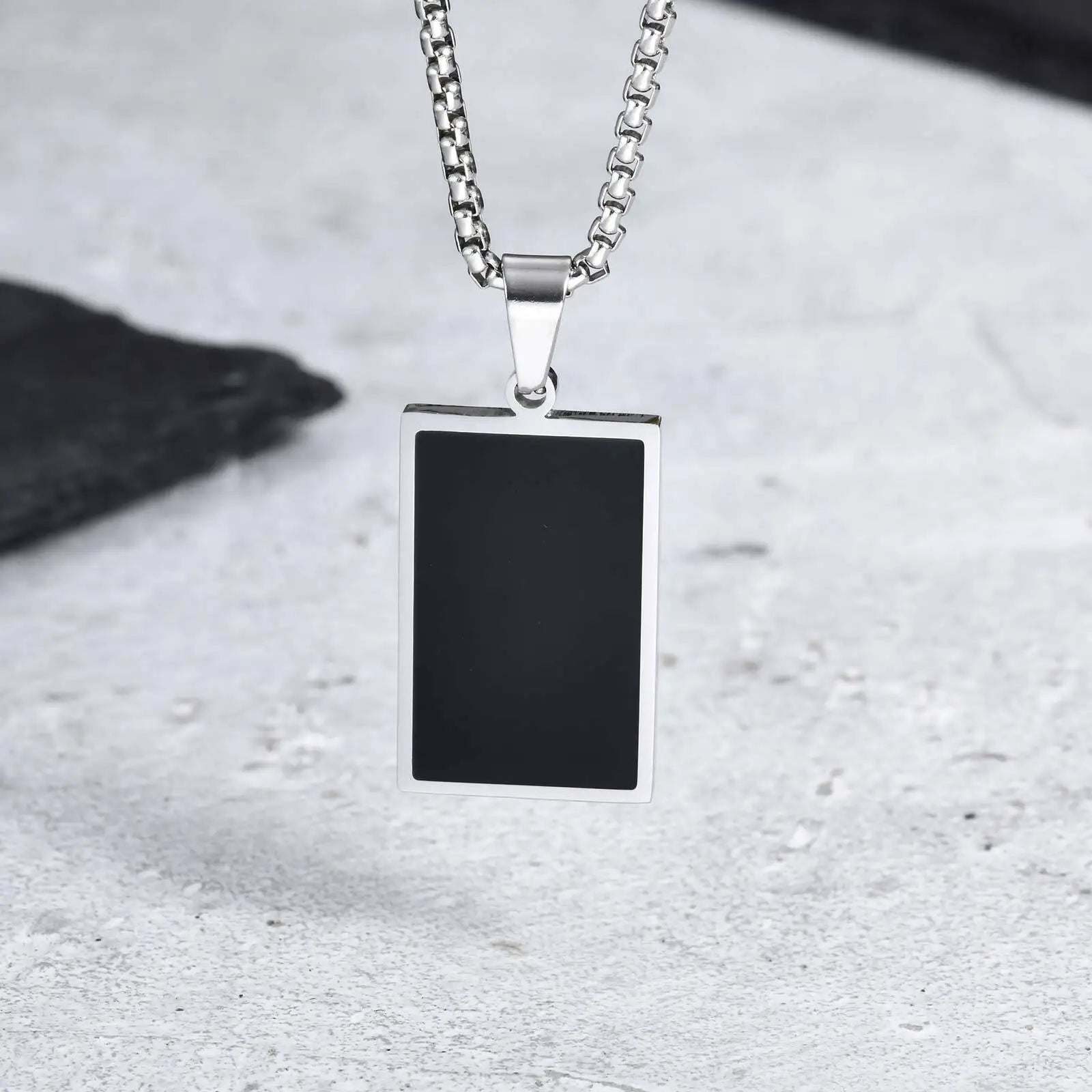 Black Enamel Rectangle Rope Chain Pendant