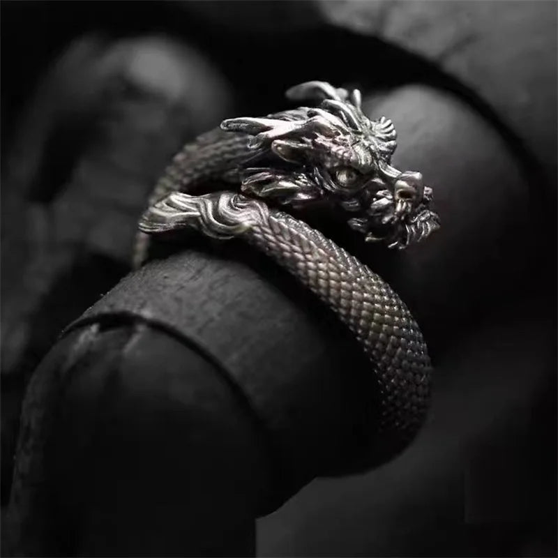 Trendy 925 Silver Ring Open Men Jewelry Vintage Carving Dragon Ring Male Index Finger Accessories