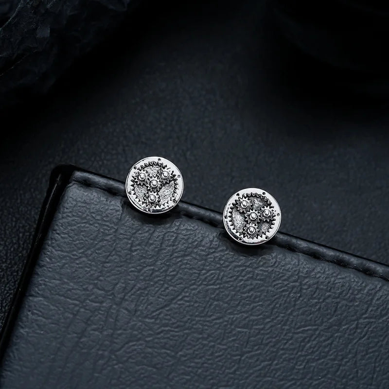 Mini Gear Wheel Round Engraved Stainless Steel Stud Earrings Steampunk Mechanical Vintage Ear Piercing for Guys