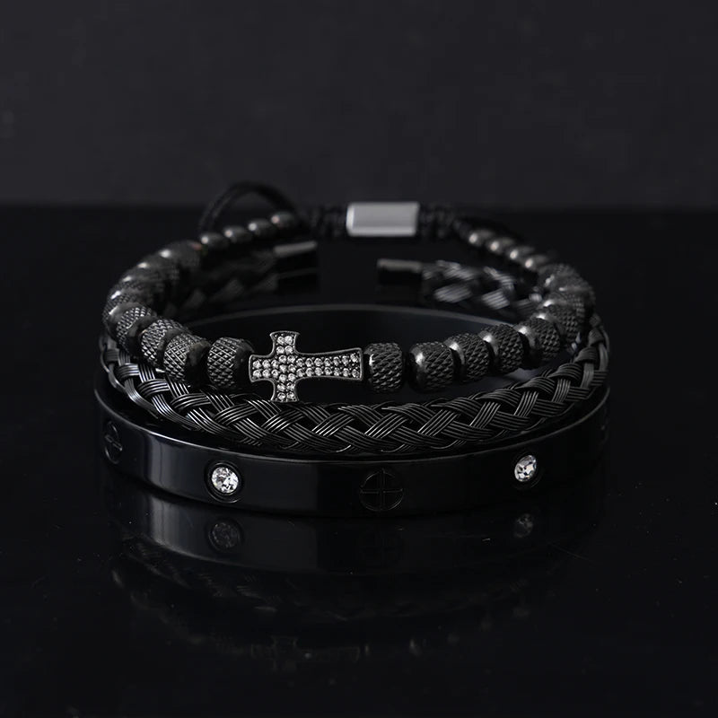Luxury Stainless Steel Beads Cross Charms Man Bracelet CZ Bangles Women Jewelry Set Gift