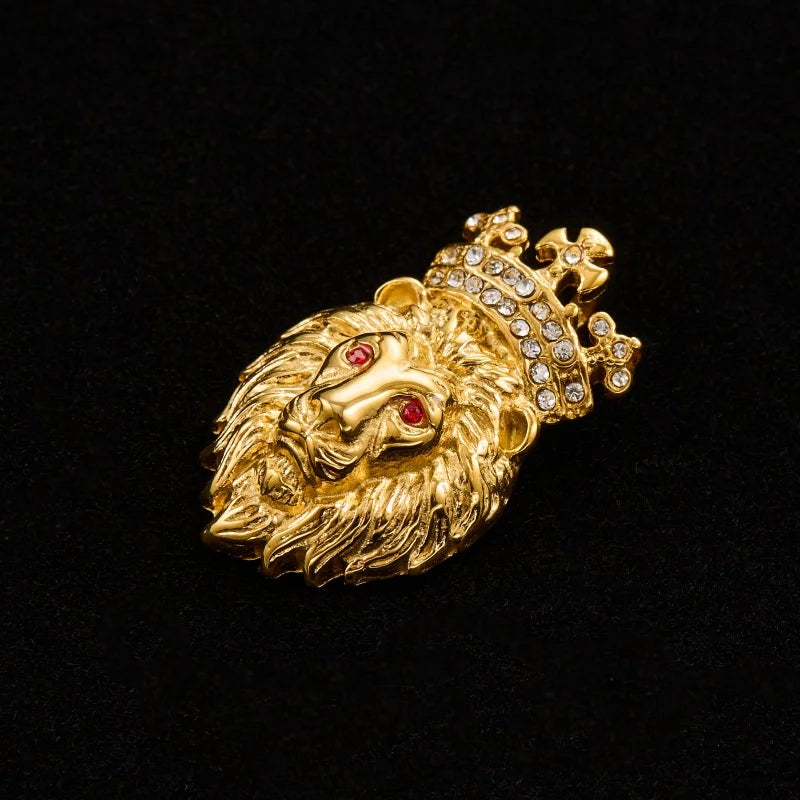 Lion Head Crown Pendant Necklace — Iced Out, Stainless Steel