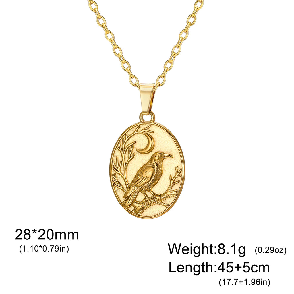 Skyrim Raven Crescent Moon Oval Pendant Necklace Stainless Steel Gothic Witchcraft Amulet Neck Chain for Men Women Jewelry Gift