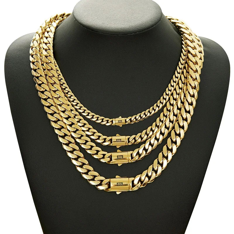 8mm-14mm Hip Hop Bling Gold Color Stainless Steel Cuban Miami Chains Necklaces Link Chain for Men Rapper Jewelry