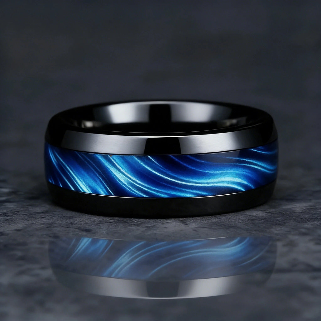 Blue Abalone Shell Inlay Rings for Men, Fashion 8mm Black Brushed Men Stainless Steel Rings, Wedding Band Jewelry Gift