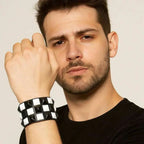 Punk Personality Simplicity Geometry Retro Black and white Square rivets Leather Stainless steel Hand bracelet Wristband