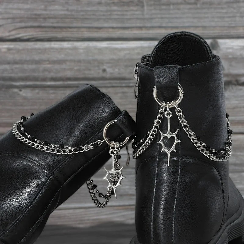 2Pcs Gothic Spiky Hollow Heart-Shaped Black Bead Double-Layer Boot Chain Metal Shoe Decoration, Suitable for All Kinds