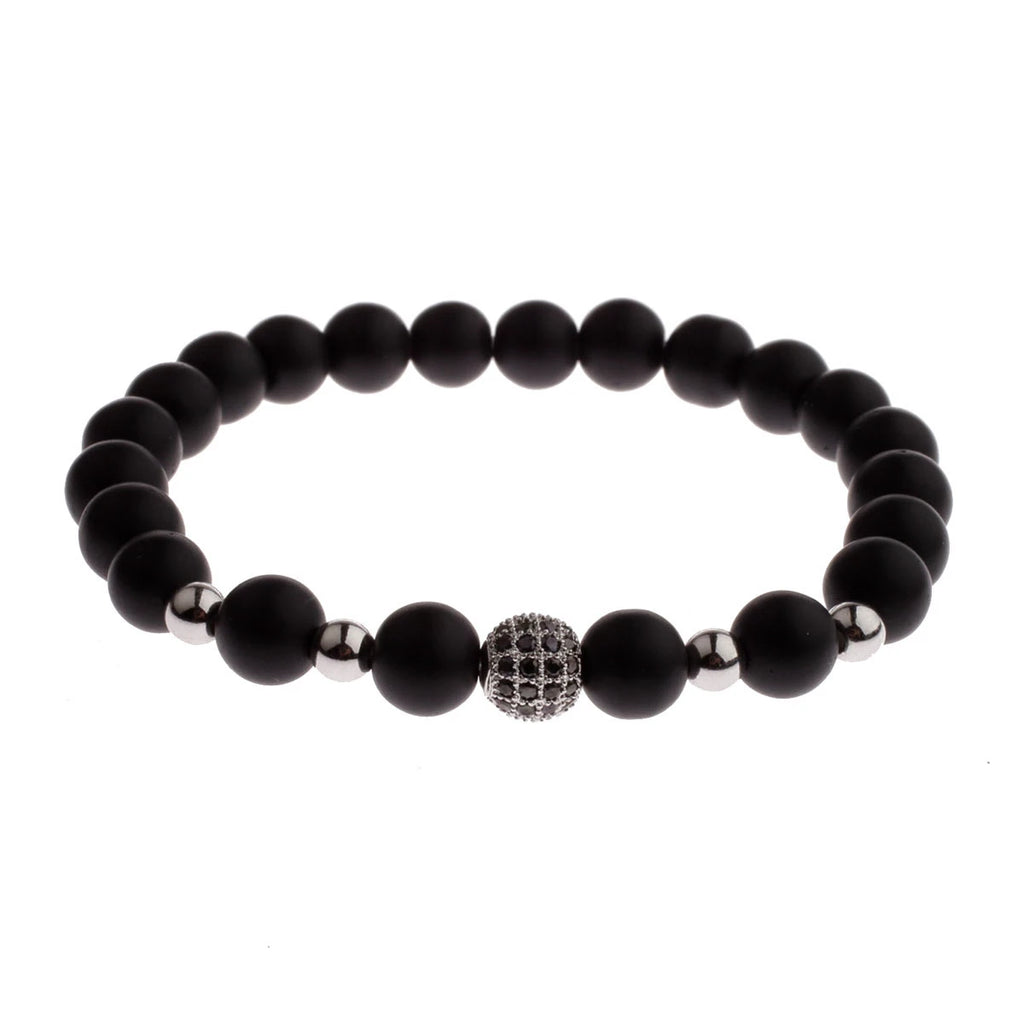 Black CZ Pave Ball Beaded Bracelet for Men — Adjustable Weave