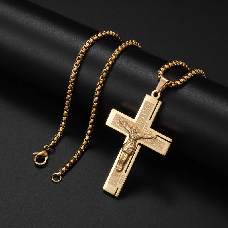 New Gold Color Crucifix Image Men\\'s Pendant Christ Miami Cuban Religious Necklace for Daily Wear Fashion Jewelry Accessories