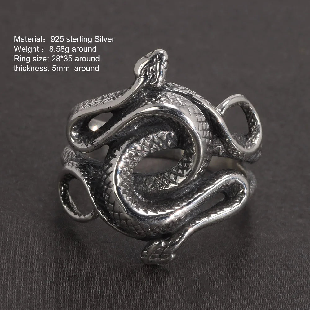 Real 925 Sterling Silver Snake Rings for Men Women TV Drama Natural Born Killers Retro Punk Fine Jewelry Best Gift For