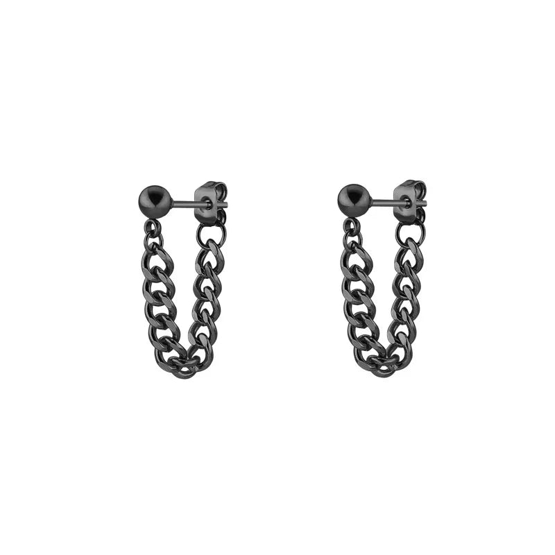 Black Steel Chain Stud Earrings Minimal