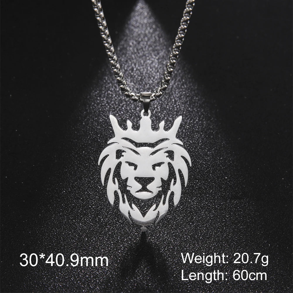 My Shape Lion King Crown Pendent Necklaces for Men Boys Stainless Steel Punk Animal Wolf Charms Choker Chains Hip Hop