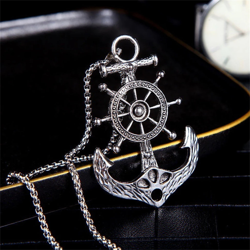 Vintage Nautical Rotatable Ship Wheel Anchor Pendant Necklace