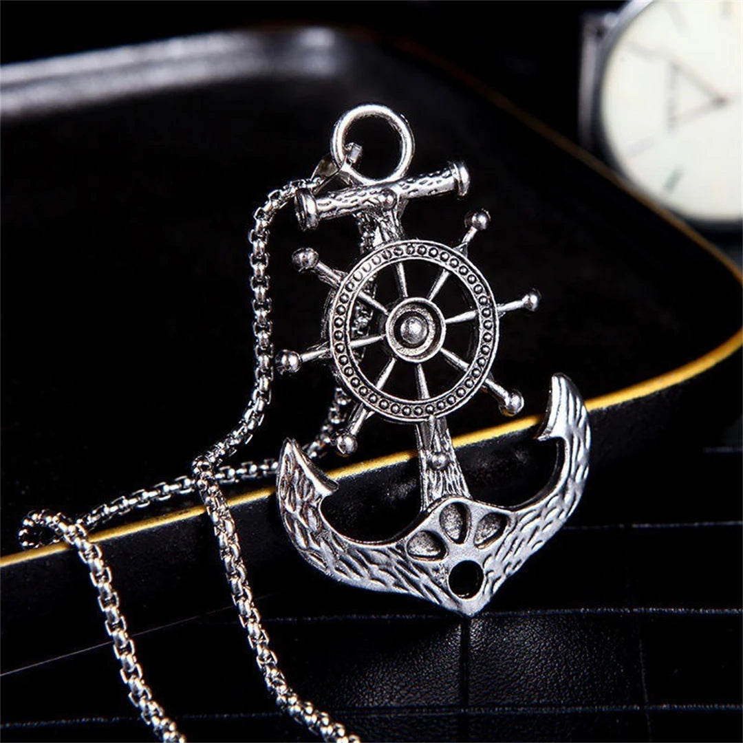 Vintage Nautical Rotatable Ship Wheel Anchor Pendant Necklace