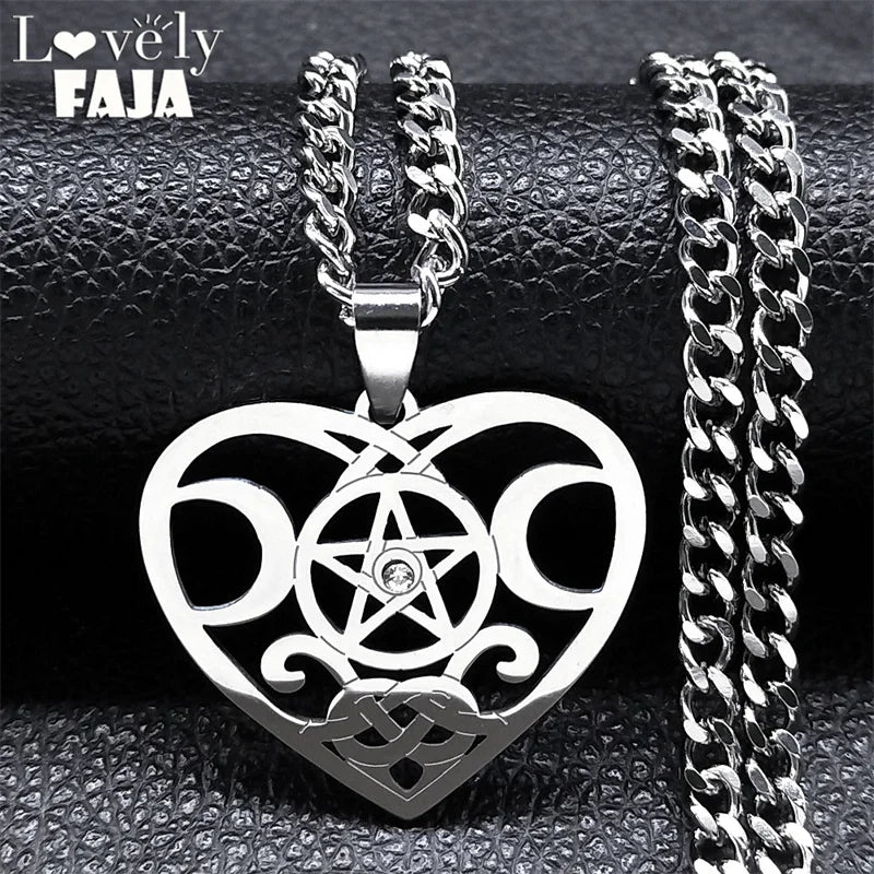 Wicca Heart Pentagram Pendant — Stainless