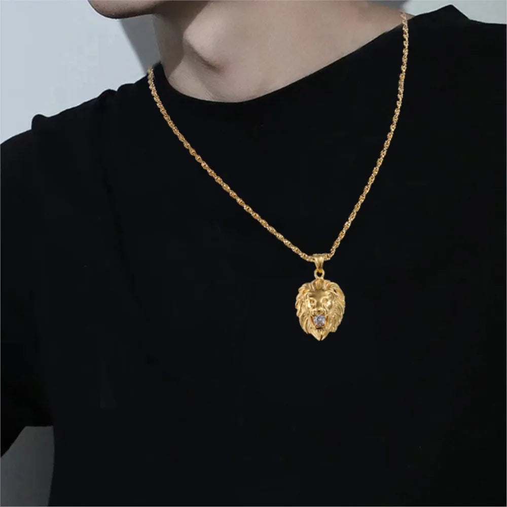 Gold Iced Out Lion Pendant Necklace CZ