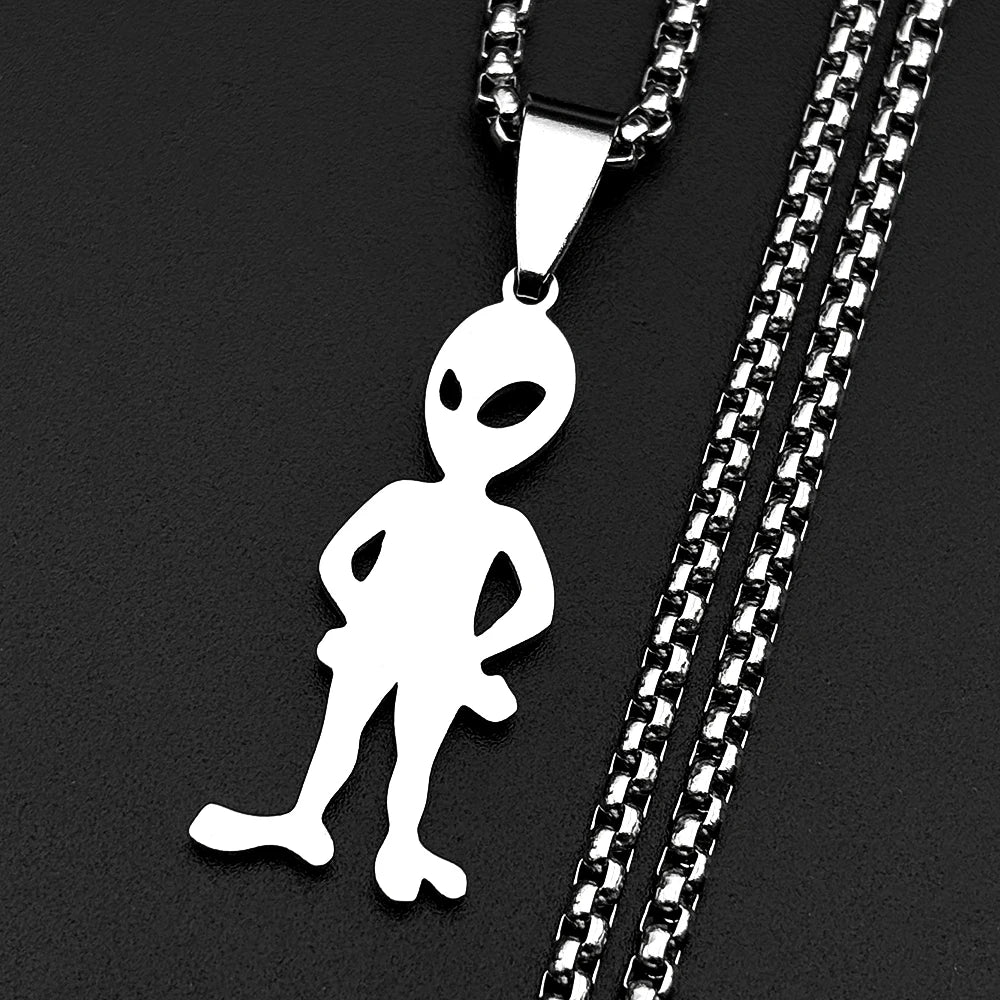 Funny Alien Yeah Pendant Necklace For Women Men Stainless Steel Silver Color Goth Streetwear Rapper Jewelry Chain