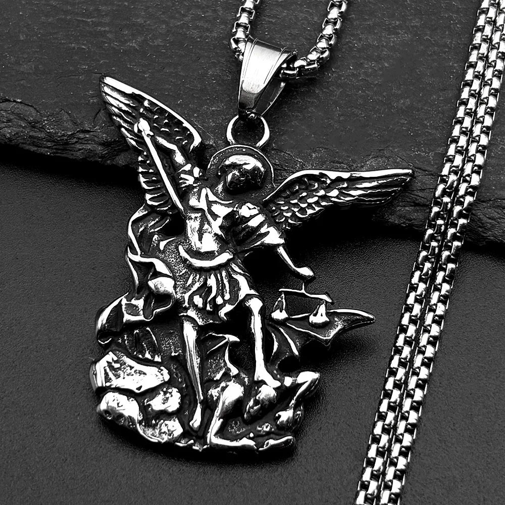 Archangel Michael Amulet Necklace — Silver-Tone