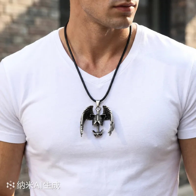 KALEN Vintage Gothic Fallen Angel Pendant Necklace For Men Stainless Steel Death Grim Reaper Wing Totem Charm Fashion Jewelry