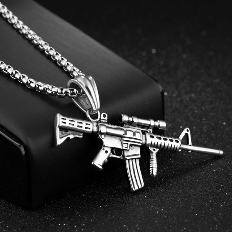 Black Gold Machine Gun Pendant Necklace Statement