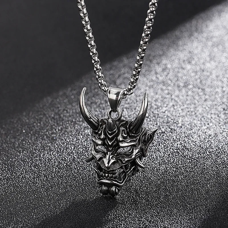 Japanese Hannya Mask Horn Men Necklaces Pendants Stainless Steel Chain Punk for Boyfriend Male Jewelry Creativity Gift Wholesale