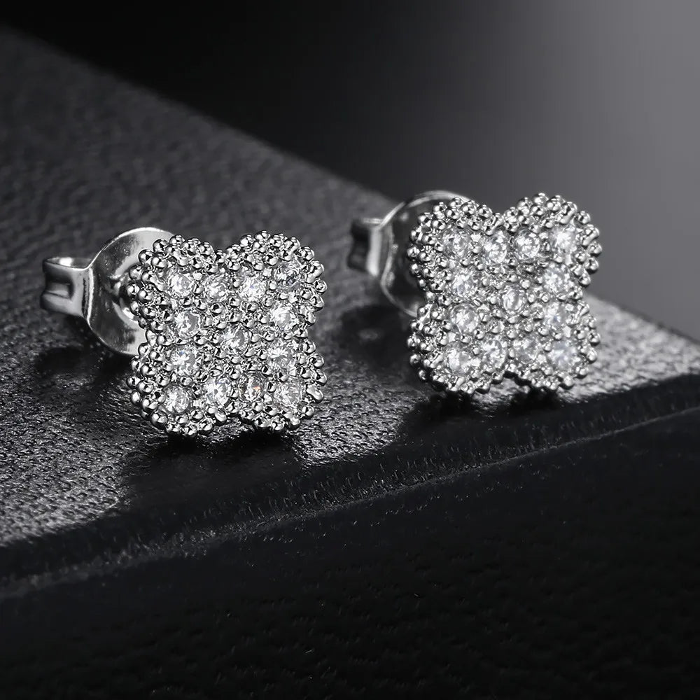 Silver Iced Out Four Leaf Clover Stud Earrings