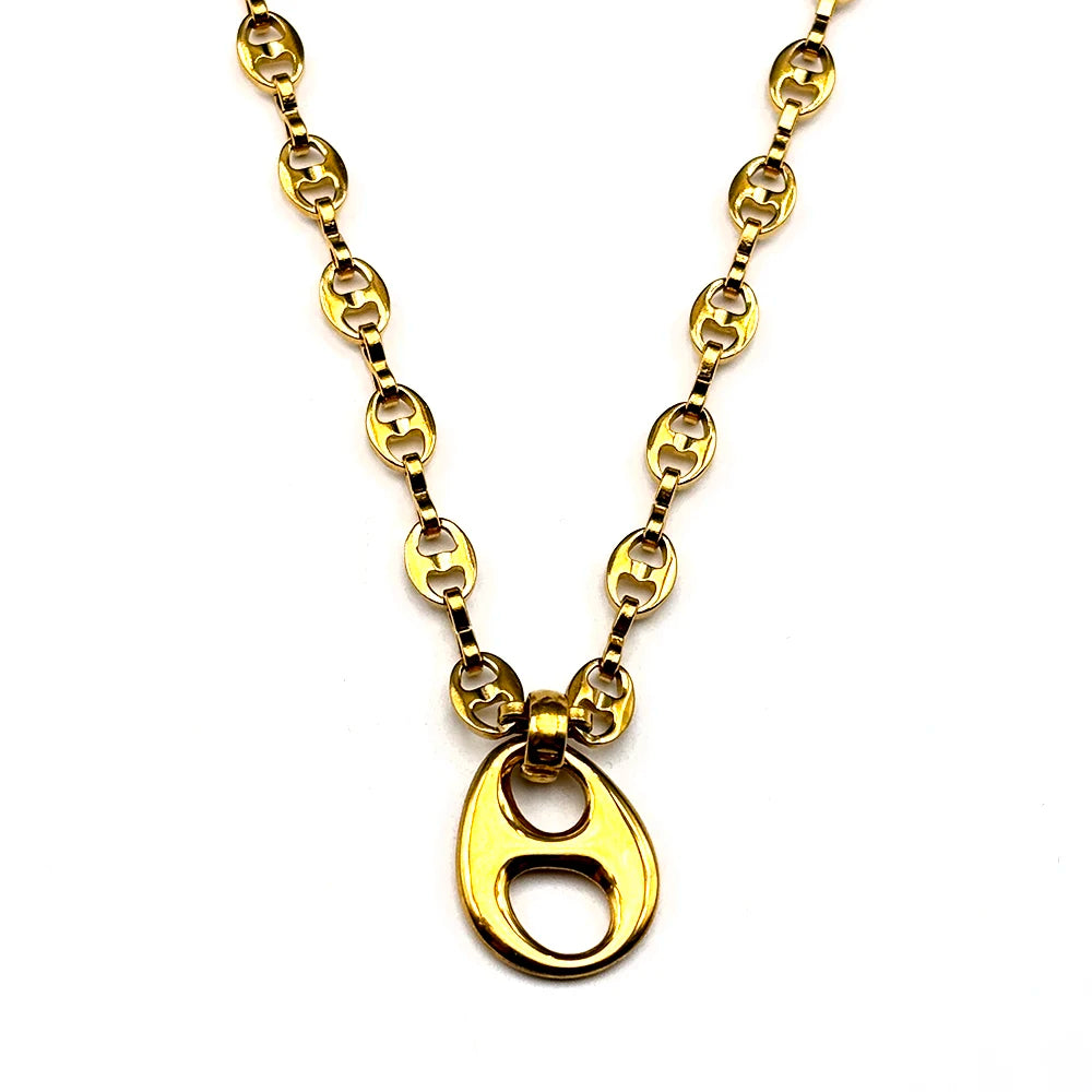 Gold Coffee Bean Chain Necklace New Design Hollow Oval Pendant Stainless Steel Jewelry Minimalist Unisex Streetwear