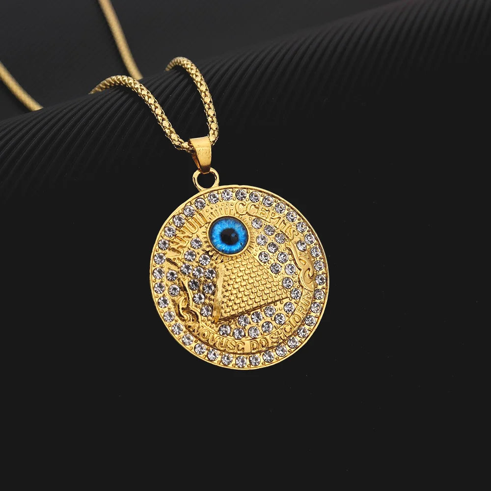 Iced Out Eye of Horus Pyramid Pendant Necklace — Gold-Tone