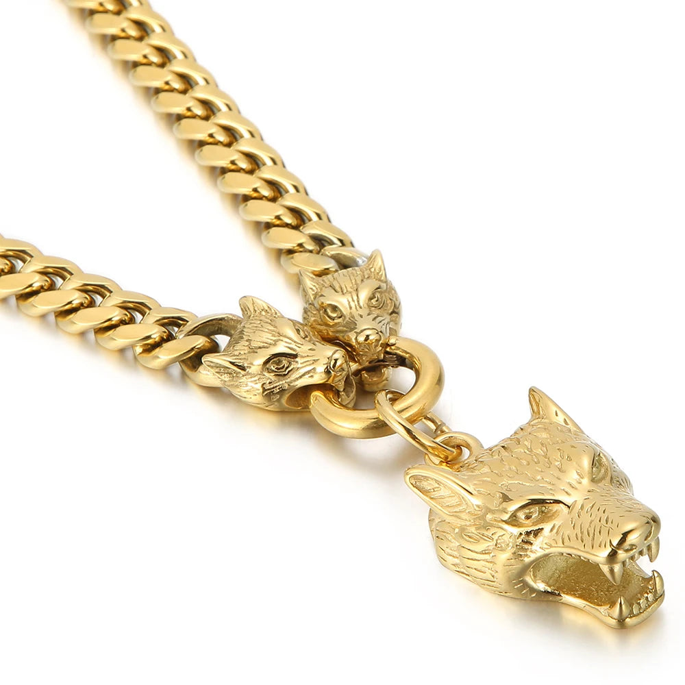 Curb Link Chain Men's Neck Necklaces for Man Gold Color Stainless Steel Wolf Head Man Pendant Necklace 65CM Long Viking