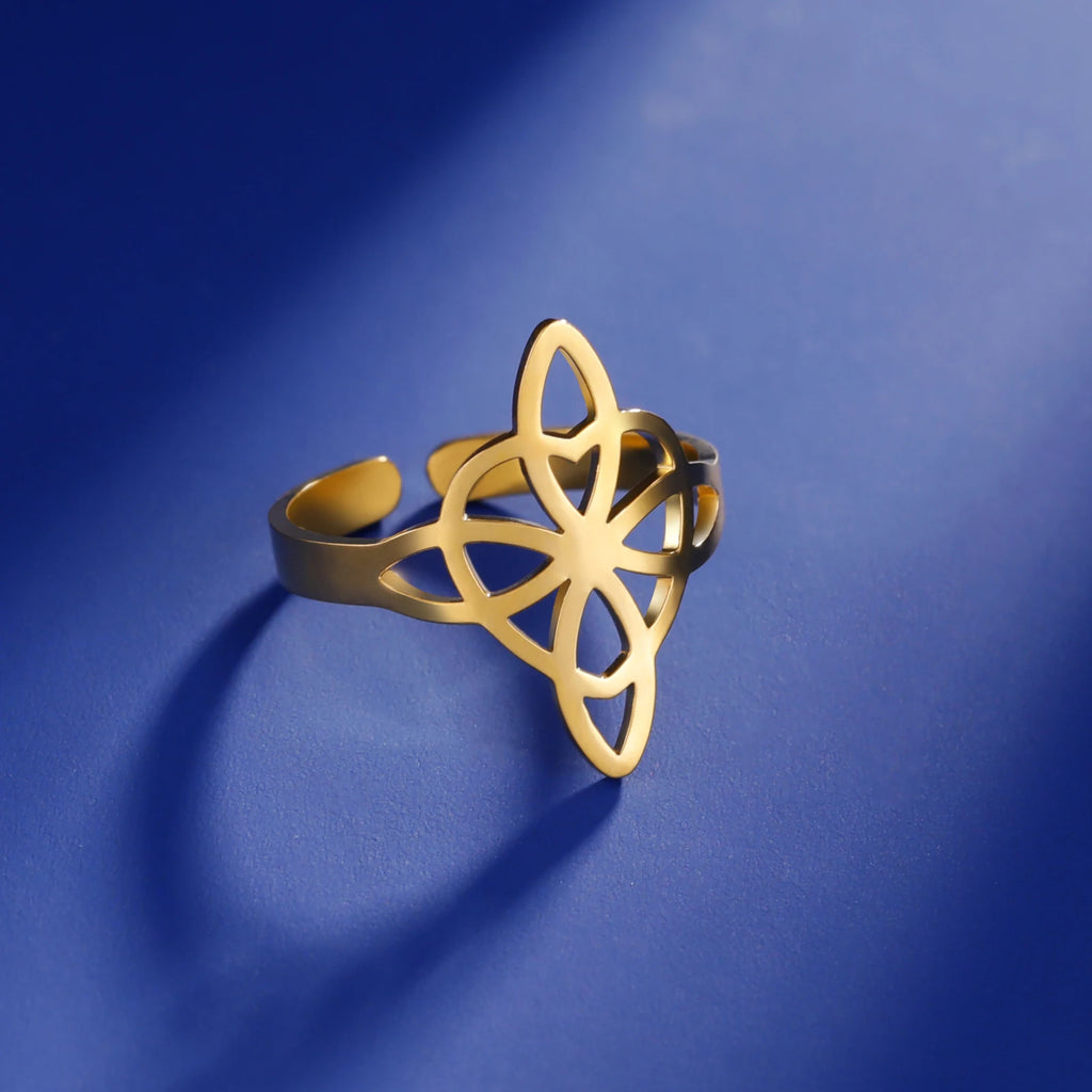 LIKGREAT Hollow Trinity Witch Knot Adjustable Ring for Women Men Stainless Steel Celtics Knot Amulet Couple Jewelry BirthdayGift