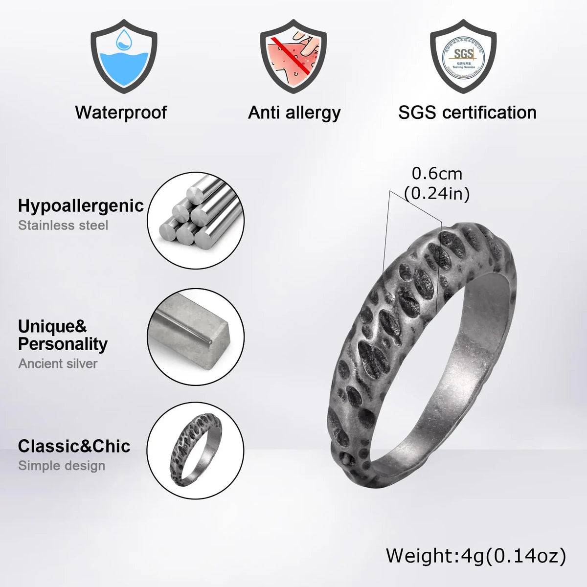Fashion Minimalist Irregular Concave Hammered Texture Stainless Steel Rings for Men Male, Punk Trendy Finger Jewelry