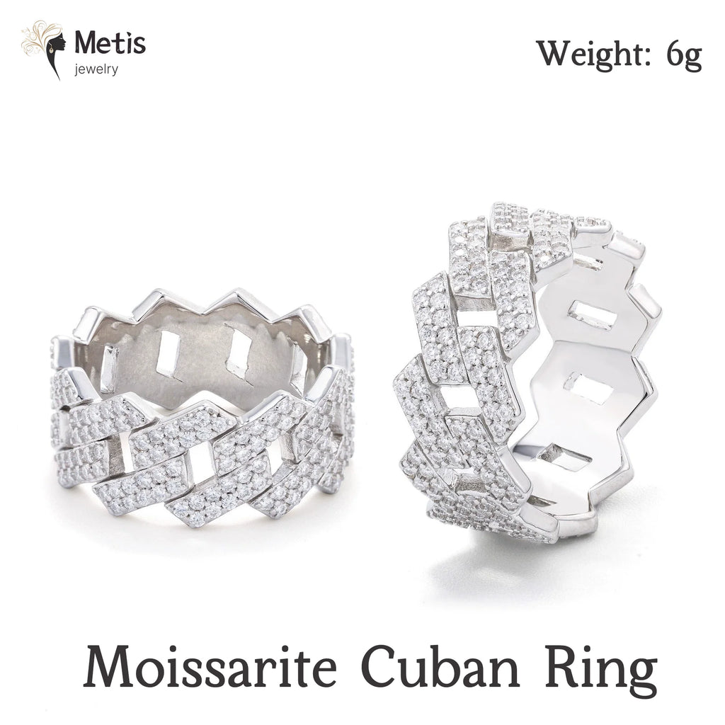Hip Hop Cuban Link Ring Bling Iced Out 2 Row Full Moissanite Ring Hip Hop Engagement Band Ring 925 Sterling Silver for Women Men