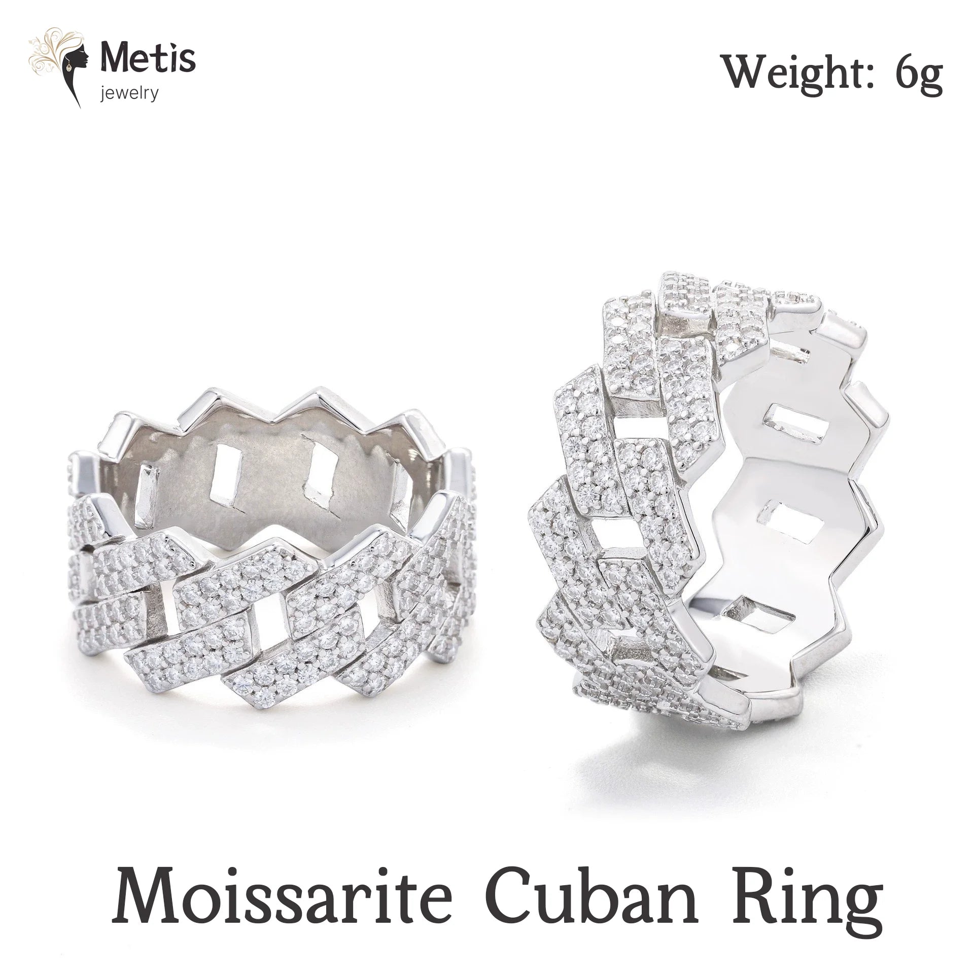 Hip Hop Cuban Link Ring Bling Iced Out 2 Row Full Moissanite Ring Hip Hop Engagement Band Ring 925 Sterling Silver for Women Men