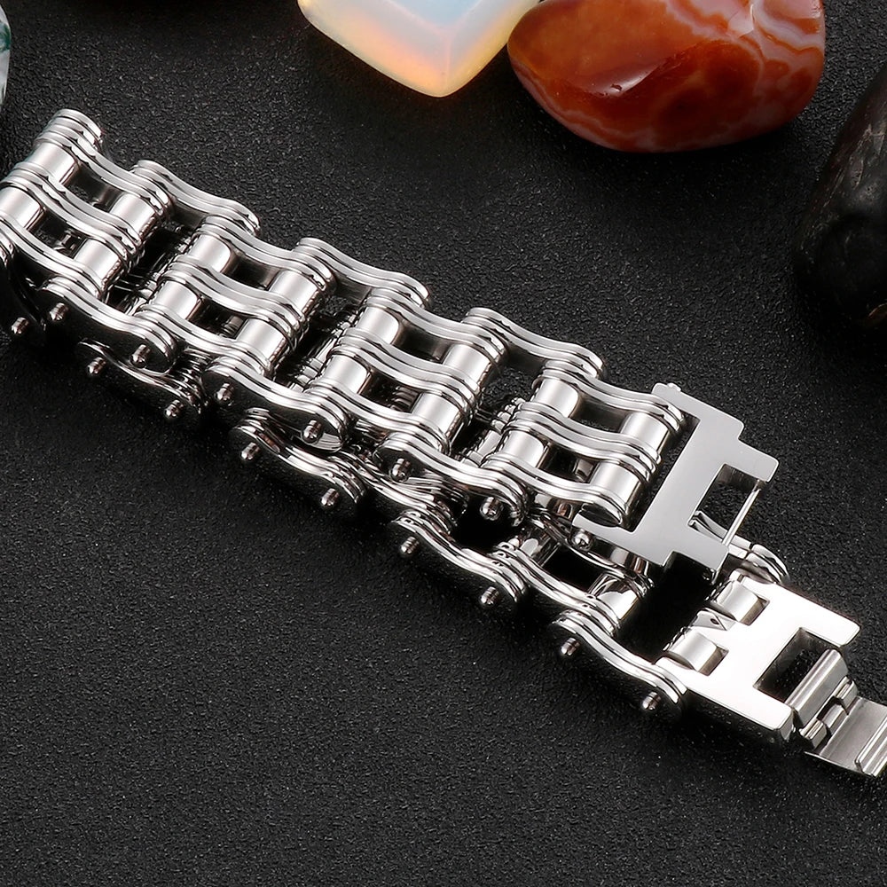 Stainless Steel Rock And Roll Rap Jewelry 24MM Width Motorcycle Chain Man Bracelet Hand Chain Accessories Wristband