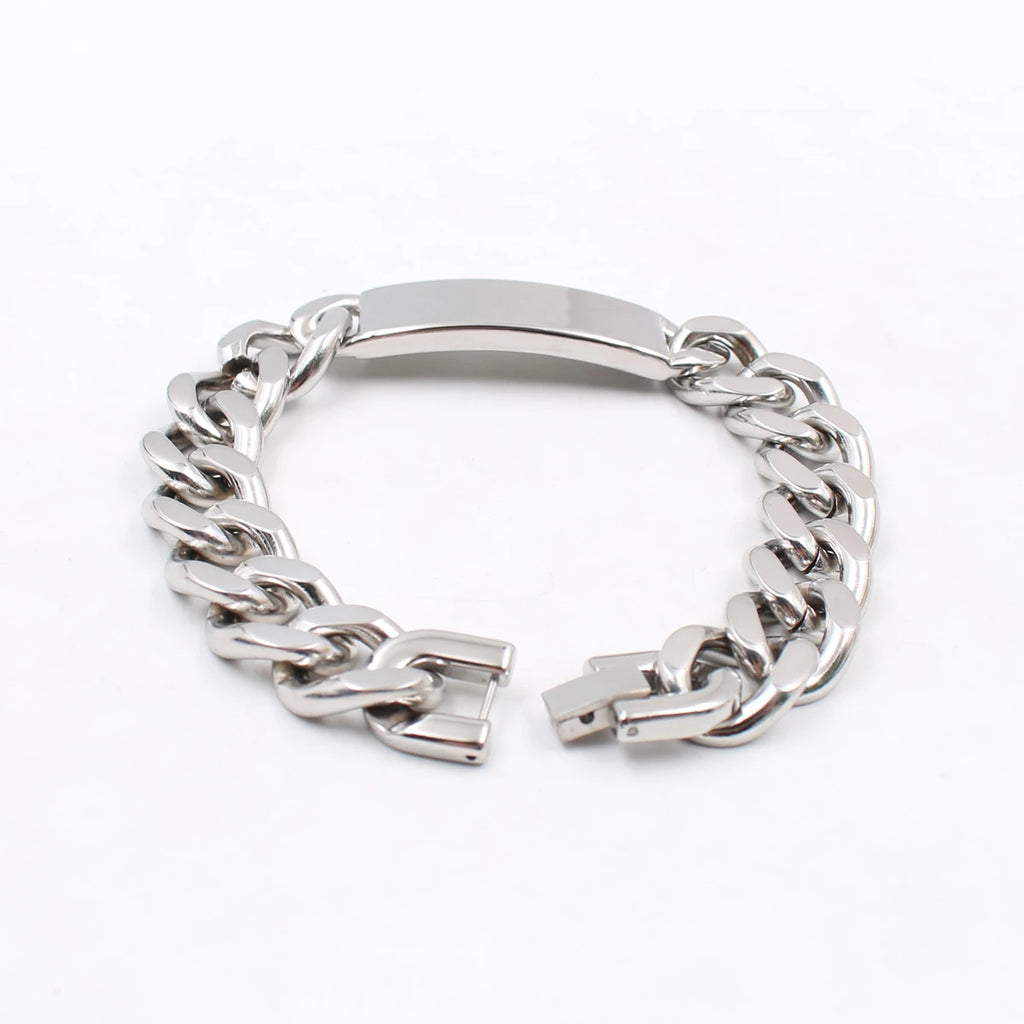 Heavy Curb Chain ID Bracelet 15mm Wide Smooth — Stainless Steel